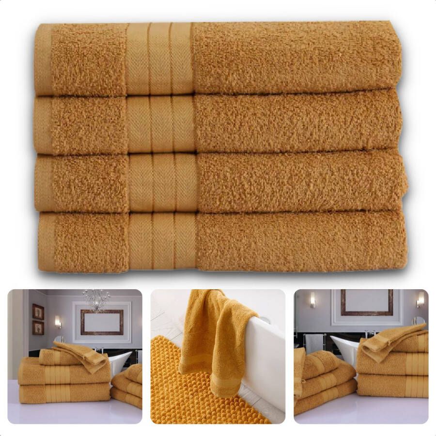 Cheqo Handdoeken Set van 4 Stuks Oker 50 x 100 cm 100% Katoen 500 gr m2 Handdoek Hotel Kwaliteit Handdoek Badkamer Zware Kwaliteit Luxe Uitvoering Extra Zacht & Stevig Handdoekenset Badhanddoeken