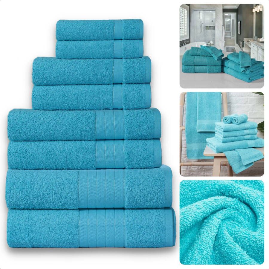 Cheqo Handdoeken Set van 8 Stuks Aqua Blauw Verschillende Maten 100% Katoen 500 gr m2 Handdoek Hotel Kwaliteit Handdoek Badkamer Zware Kwaliteit Luxe Uitvoering Extra Zacht & Stevig Handdoekenset Badhanddoeken