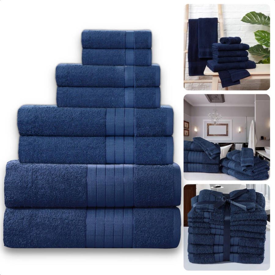 Cheqo Handdoeken Set van 8 Stuks Blauw Verschillende Maten 100% Katoen 500 gr m2 Handdoek Hotel Kwaliteit Handdoek Badkamer Zware Kwaliteit Luxe Uitvoering Extra Zacht & Stevig Handdoekenset Badhanddoeken