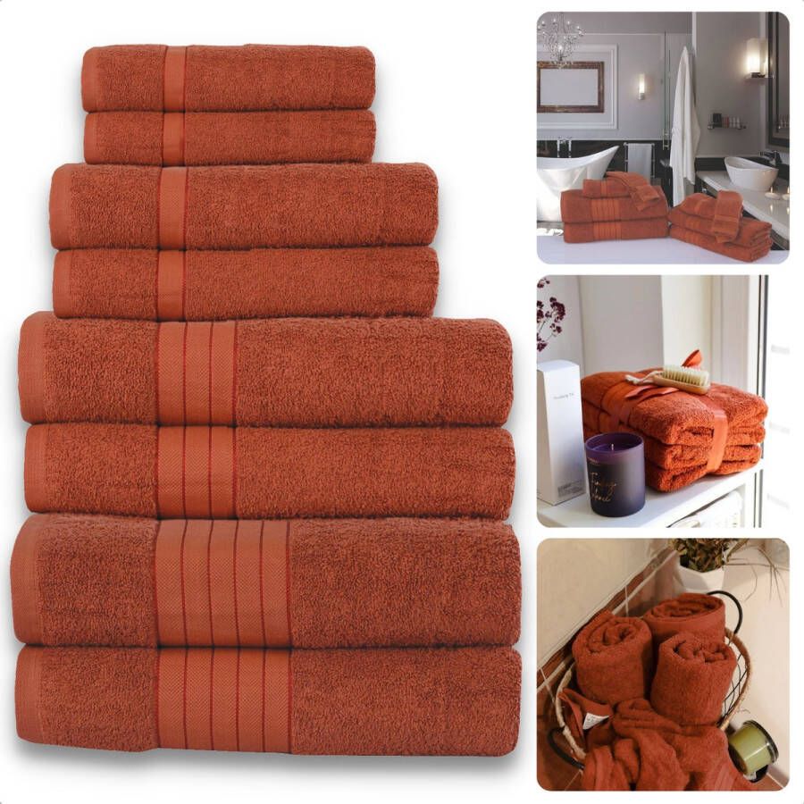 Cheqo Handdoeken Set van 8 Stuks Terracotta Bruin Verschillende Maten 100% Katoen 500 gr m2 Handdoek Hotel Kwaliteit Handdoek Badkamer Zware Kwaliteit Luxe Uitvoering Extra Zacht & Stevig Handdoekenset Badhanddoeken