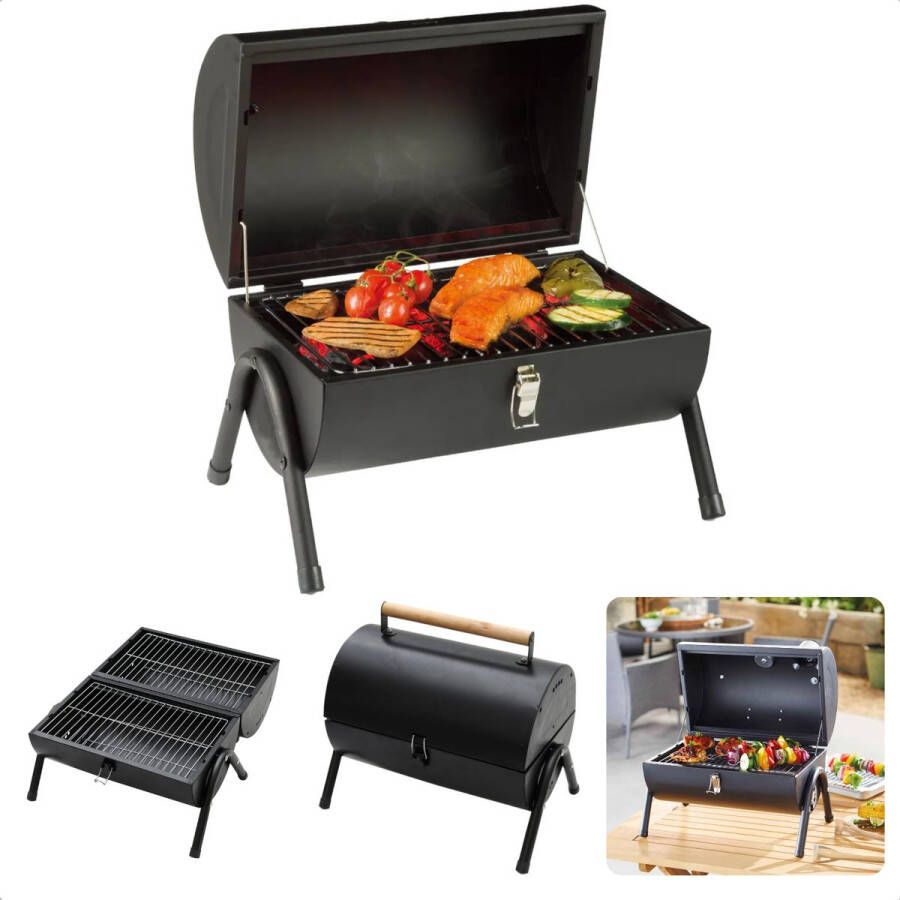 Cheqo Houtskoolbarbecue BBQ Cilinderbarbecue Tafel BBQ Barbecue Cilindervorm Tafelmodel Mat Zwart 2-zijdig Gebruik 2 Rekken Platen 17 cm Grillhoogte Metaal Afsluitbaar Deksel Compact 41 x 26 x h36 cm Ook voor Camping