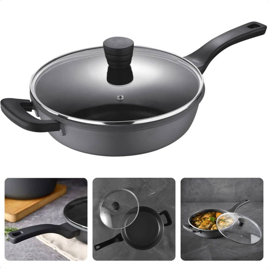 Cheqo Inductie Diepe Koekenpan met Deksel Aluminium Non-Stick Hapjespan Voor Alle Warmtebronnen ø28 cm 3.9L