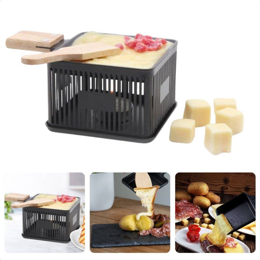 Cheqo Kaasraclette Mini Raclette Grill voor Kaas Smelten Compact Tafel Raclette met Kaasfondue Set 1 Persoon Met Houten Spateltje Gebruik met Waxinelichtje 10 x 10 x 6.5 cm