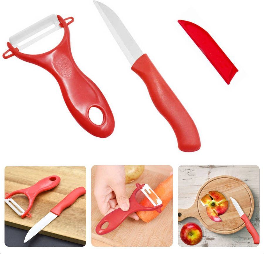 Cheqo Keramische Schilmessen Set 17cm Dunschiller Rood Keramisch Mes 2-delige Set Ergonomische Handgreep RVS Vaatwasserbestendig Inclusief Beschermhoesje Veilig Schilmes Roestbestendig Aardappelschiller