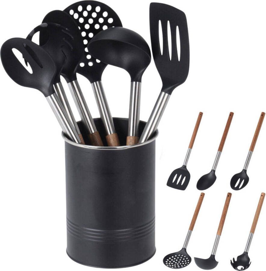 Cheqo Keukengerei Set met Houder Keukengereedschap Kookgerei Set Spatel Bakspaan Opscheplepel Schuimspaan Soeplepel Spaghettilepel ø13x17cm Metalen Houder