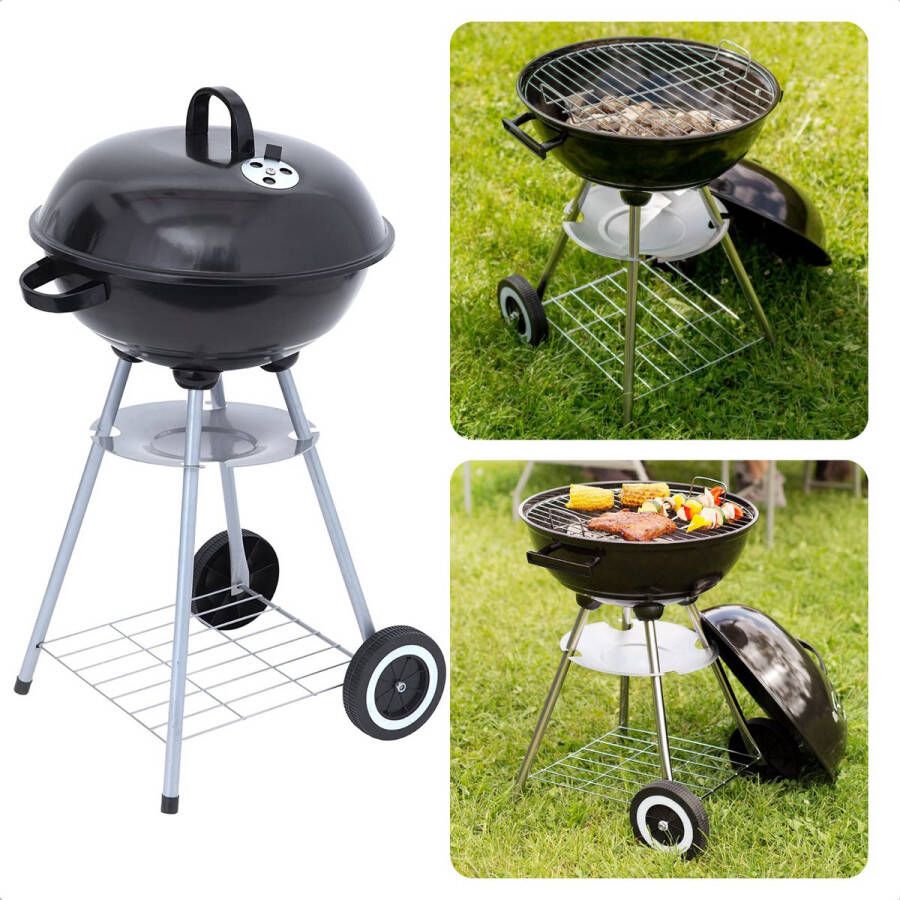 Cheqo Kogelbarbecue op Wielen Barbecue BBQ Kogelgrill Houtskoolbarbecue 46cm Diameter 78cm Hoogte 70cm Kookhoogte Gepoedercoat Verrijdbaar Met Voorraadrek Handgreep Zwart