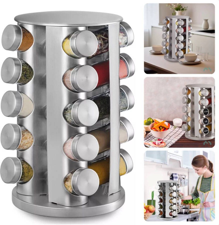 Cheqo Kruidenrek Draaibaar Kruiden Organizer Keukenrek 20 Potjes RVS en Glas 34 cm Hoog