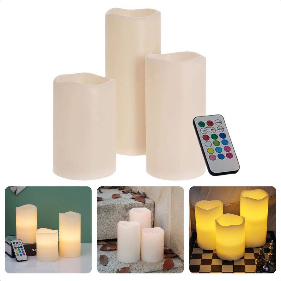 Cheqo LED Kaarsen voor Binnen en Buiten 3 stuks Realistische Kaarsen Bewegende Vlam 15cm 20cm 25cm Afstandsbediening Timer IP44 Warm Wit Met Batterijen