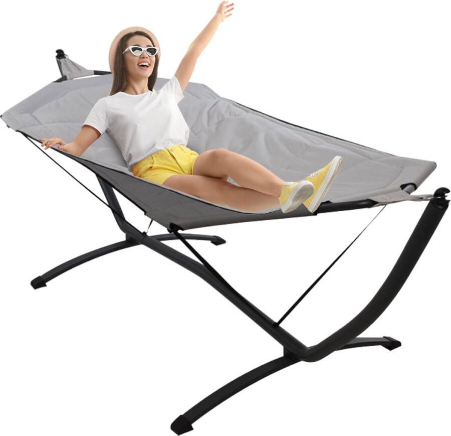 Cheqo Luxe Hangmat met Standaard Hammock Extra Stevig 260 x 98 x 90 cm Grijze Polyester Hangmat Metalen Frame Draagvermogen 120 kg Geschikt voor Binnen en Buiten Ontspan in Stijl