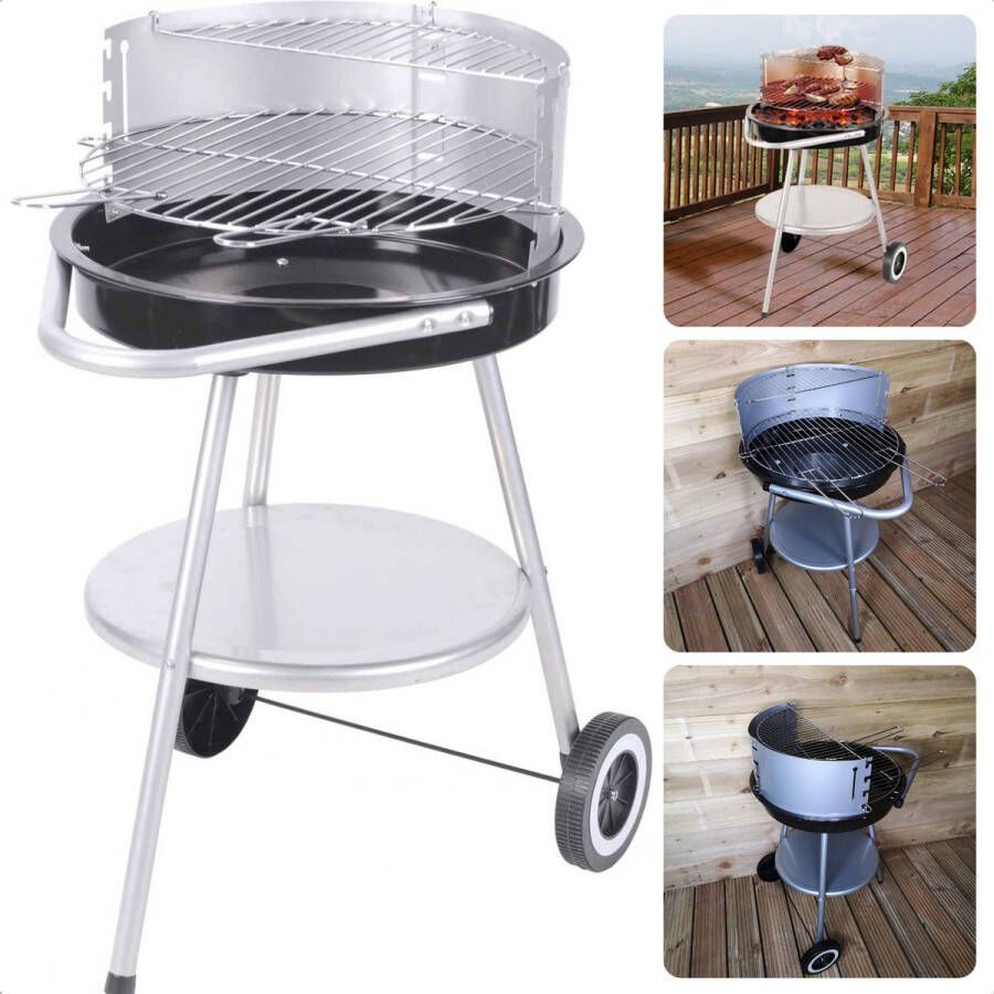 Cheqo Luxe Houtskoolbarbecue Barbecue BBQ Verrijdbaar 4 Kookhoogtes Grillrooster ø42.5 cm Met Windscherm 2 Grillhandvaten 4.2 kg