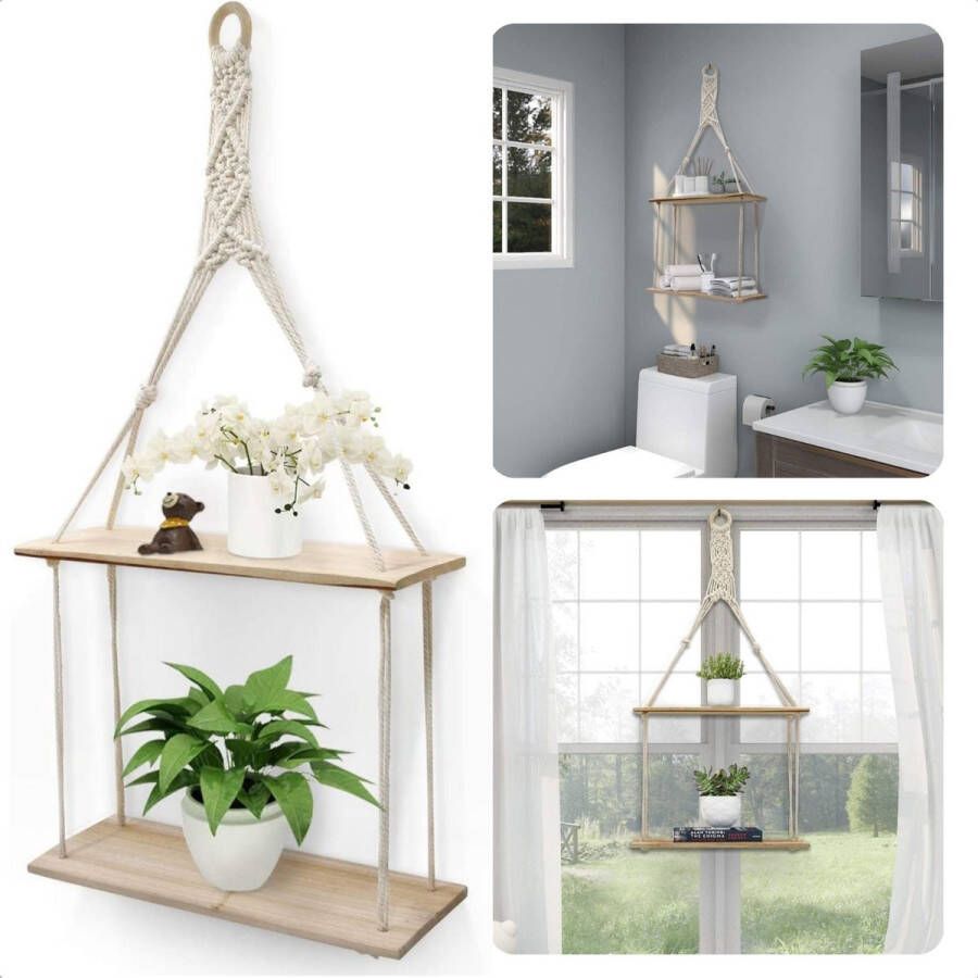 Cheqo Luxe Plantenhanger Wanddecoratie Wandhanger 2 Plateaus MDF 30x10x66cm 550g Lichte Houtskleur & Wit Touw