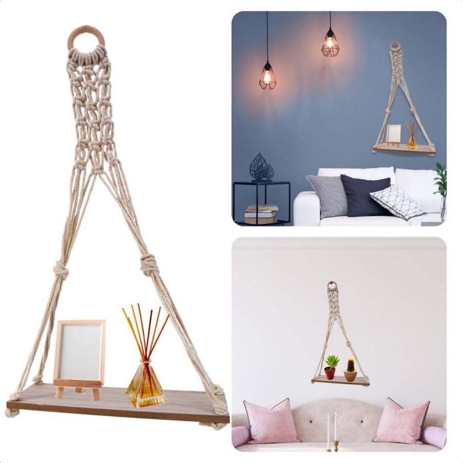 Cheqo Luxe Plantenhanger Wanddecoratie Wandhanger MDF Plank Lichte Houtskleur Wit Touw 30x10 5x59 5cm