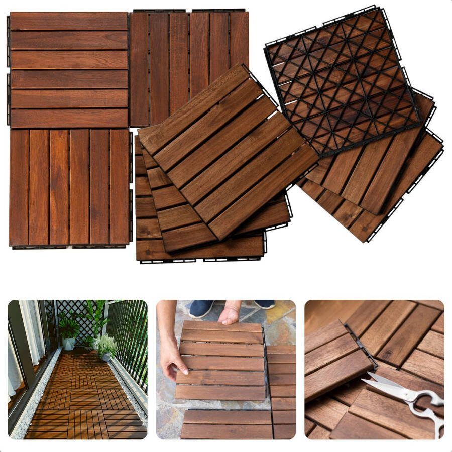 Cheqo Natuurlijk Houten Terrastegels Vlondertegel Balkontegels Kliktegels voor Balkon Snelle Montage Terrasvlonder Tegels Set van 9 0.81m2