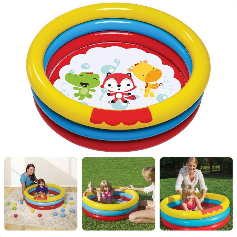 Cheqo Opblaasbaar Ballenbak Kinderbad Kinderzwembad Zwembad voor Kinderen Opblaasbad 88l 25 Speelballen 91cm Diameter 25cm Hoogte Met Dierenvriendjes Veiligheidsventielen