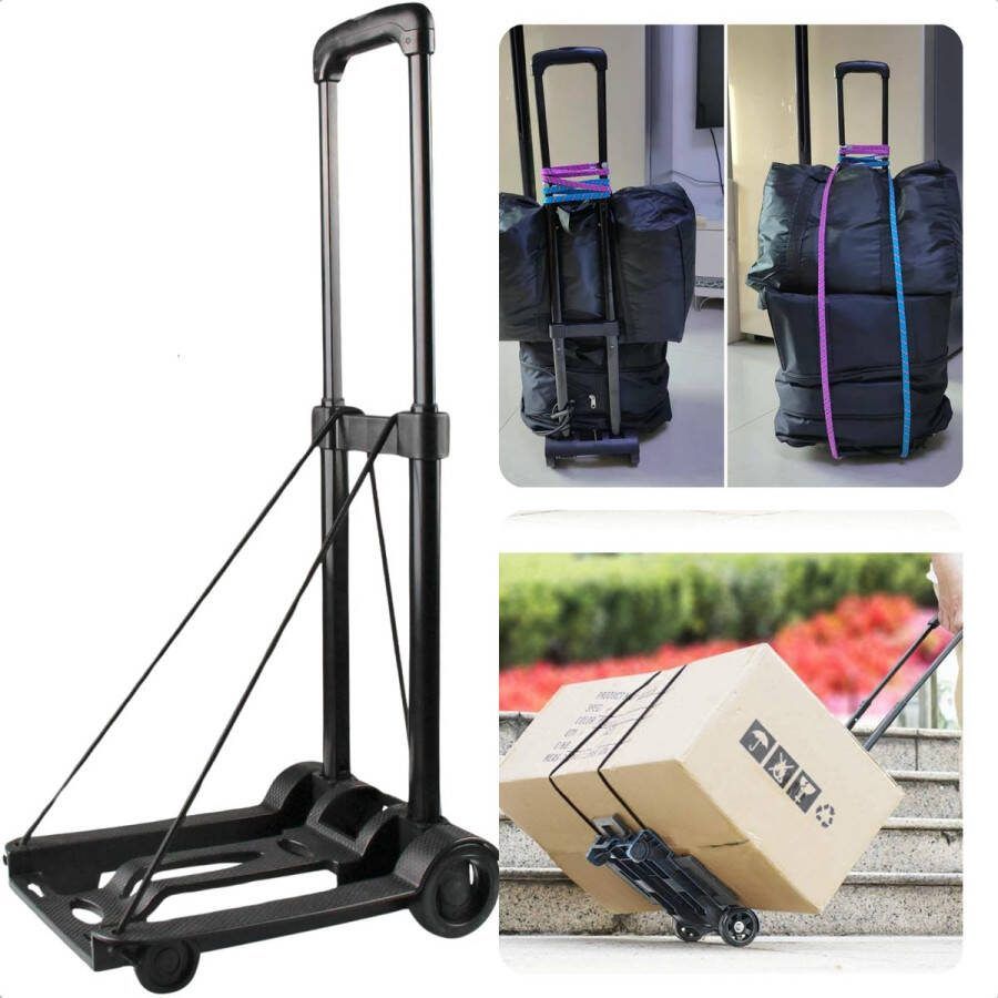 Cheqo Opvouwbare Steekwagen Transporttrolley met Handige Bagagespin Lichtgewicht en Sterk Draagvermogen tot 30 kg Metaal en Kunststof Telescopisch Handvat Gewicht van 1.2 KG Kunststof Wielen Transportwagen Verhuiswagen Steekkar