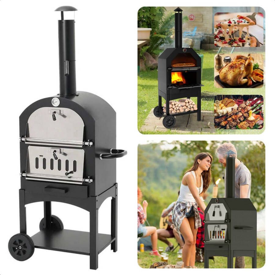 Cheqo Pizza Oven Pizzaoven voor Buiten Houtskooloven Pizzasteen Barbecue BBQ Rookoven Buitenkeuken met Wieltjes Gepoedercoat Metaal Houtskool-BBQ Barbecue 68x48x156cm 34x24cm Grillrooster 26kg Met Pizzasteen