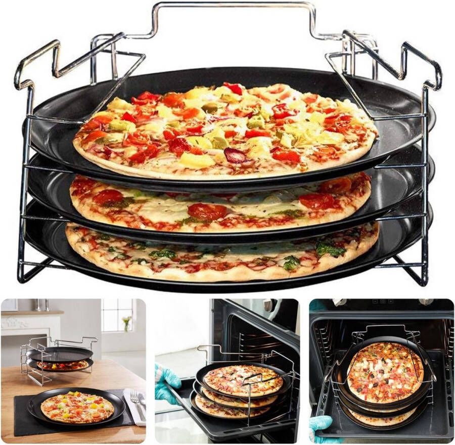 Cheqo Pizzabakset 4 Delig Met Bakplaten en Standaard Ø32 cm Non-Stick Coating Voor Oven en Magnetron RVS Chroom Vaatwasserbestendig Pizza Bakplaat Pizzarek Pizza Oven