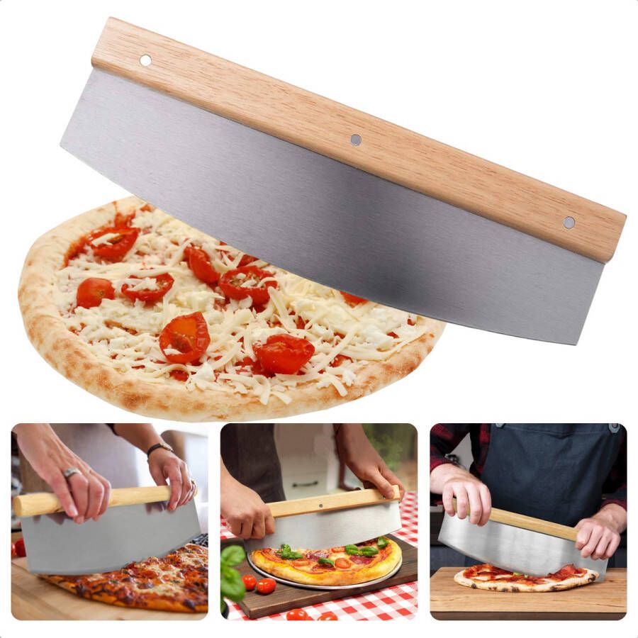 Cheqo Pizzasnijder Pizzames Wiegmes RVS Rubberhout Handvat 35x10.3x2cm Makkelijk Schoon te Maken