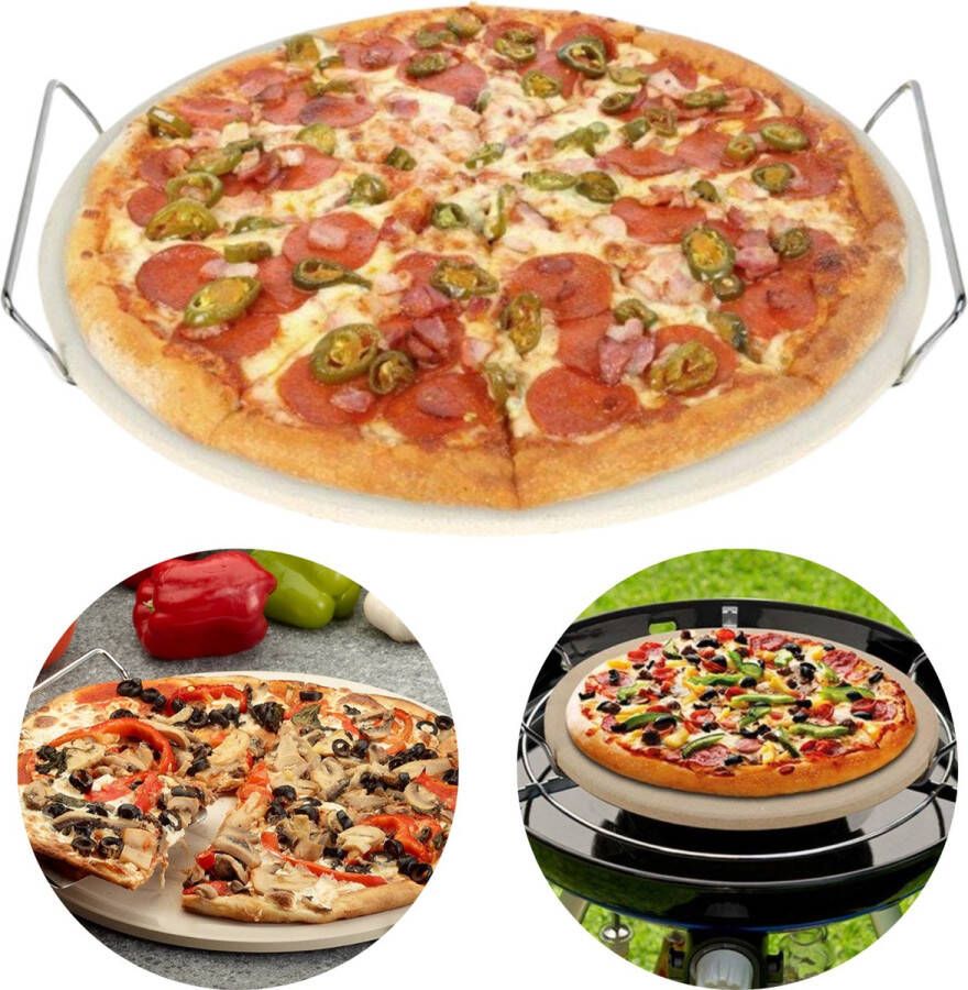 Cheqo Pizzasteen Pizza Baksteen Oven Steen Pizza Stone BBQ Steen Pizza Steen voor BBQ en Oven Broodbaksteen Met Metalen Rek ø33cm