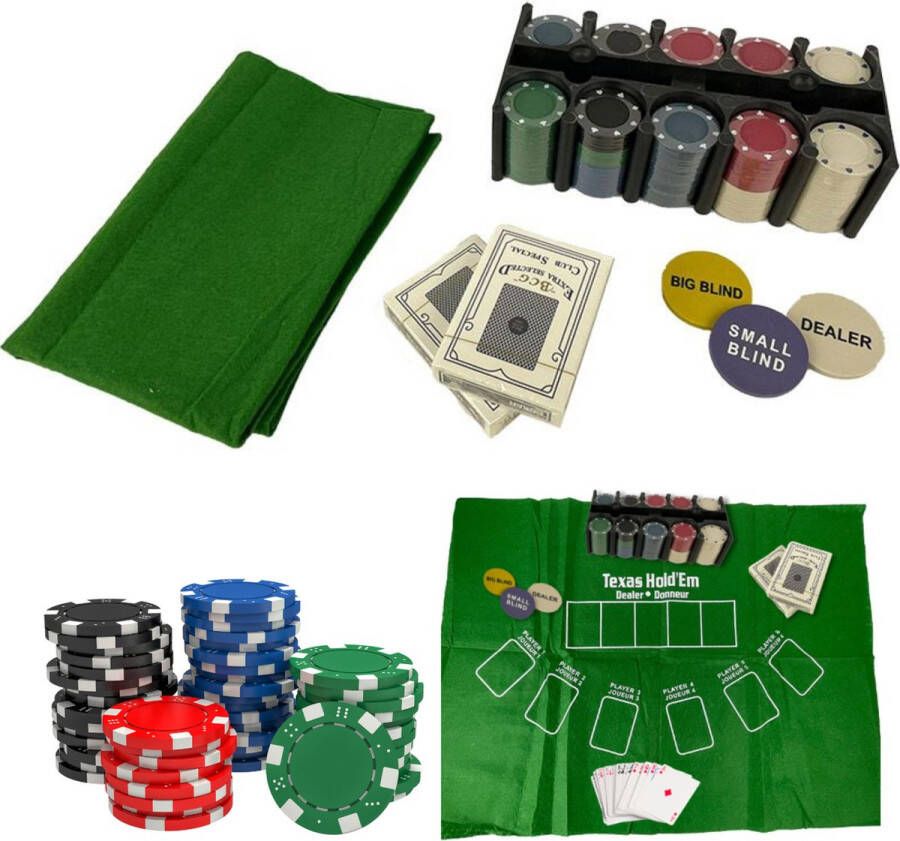 Cheqo Pokerset met 200 Pokerchips Met Speelkaarten Pokertafel Pokermat Dealer Chips Voor 6 Spelers 60x44cm