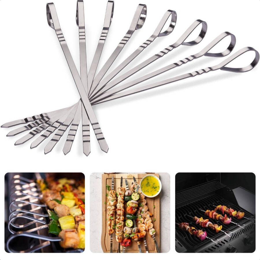 Cheqo Premium RVS BBQ Spiezen Vleesspies Set Barbecue Spiezen Zware Kwaliteit Spiezen van 41 cm Set van 8 Vleesspiezen Sateprikkers Kaasfondue Vleespennen