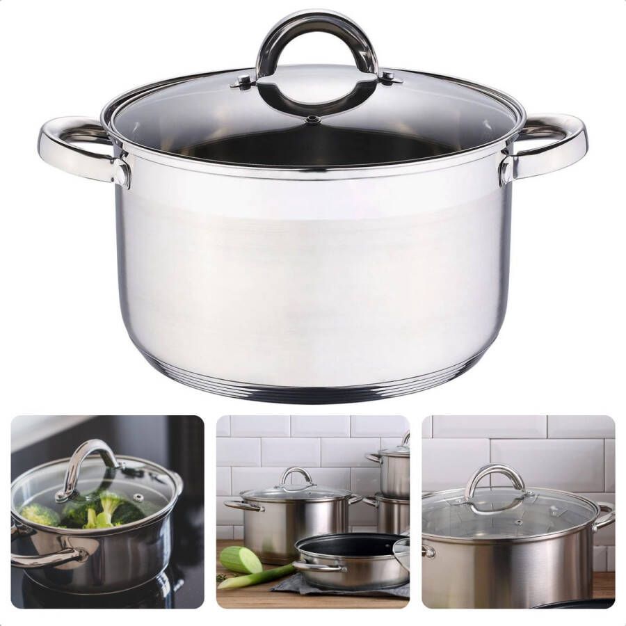 Cheqo RVS Kookpan 20 cm 3.6 liter Voor Alle Warmtebronnen Met Glazen Deksel Maataanduiding Ergonomische Handvaten Vaatwasserbestendig Ook voor Inductie Lange Levensduur