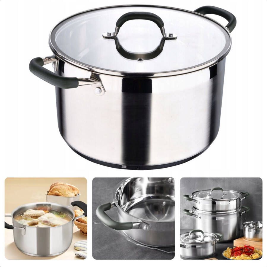 Cheqo Rvs Soeppan 28 cm Kookpan Inductiepan met Deksel Grote Pan 9.5 liter Kookpan met Maataanduiding Siliconen Handgrepen Geschikt voor Alle Warmtebronnen