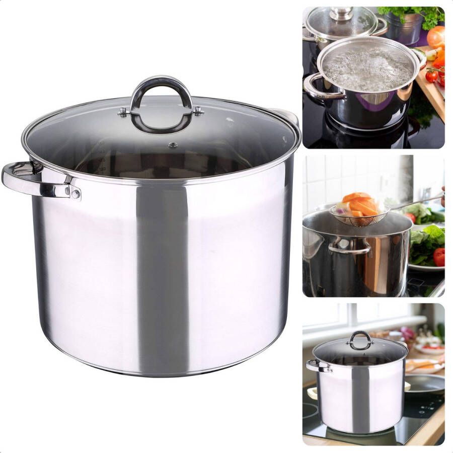 Cheqo RVS Soeppan 9.5 liter 26 cm Diameter 19 cm Hoogte Glazen Deksel Maatverdeling Gas Elektrisch Keramisch Inductie Halogeen Oven Vaatwasserbestendig Alle Warmtebronnen