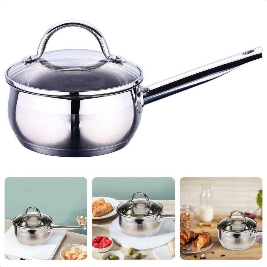 Cheqo RVS Steelpan Kookpan Pan 16cm 1 3L Glazen Deksel Energiebesparende Bodem Alle Warmtebronnen Ook voor Inductie
