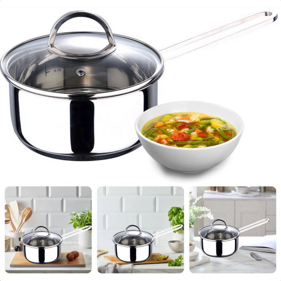 Cheqo Sauspan met Deksel Kookpan Steelpan Ø16cm 1.35L RVS & Aluminium Gas Keramisch Elektrisch & Inductie Vaatwasserbestendig Inclusief Glazen Deksel met Stoomgat Met Maataanduiding