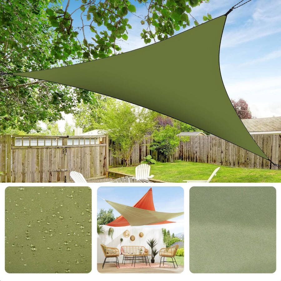 Cheqo Schaduwdoek Driehoek Groen Waterafstotend Polyester 100% Met Touw 2.30m Verpakt in Draagzak 3x3x3m