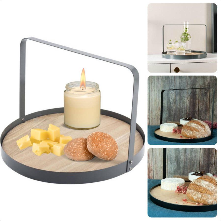 Cheqo Serveerplank met Handvat Rond Bamboe Dienblad Ø35cm Serveerschaal van Bamboe Kaarsenplateau