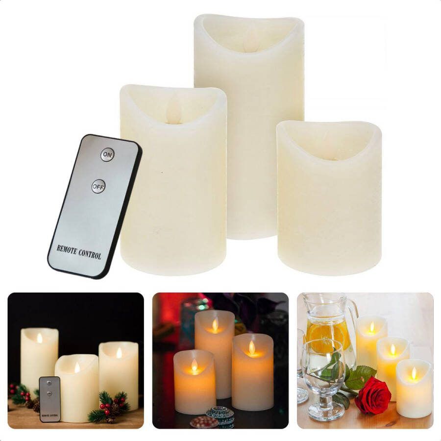 Cheqo Set van 3 LED Kaarsen met Afstandsbediening Realistische Led Kaarsen Lichtgevende Kaarsen -Realistisch Vlameffect Wax 15 12.5 & 10 cm Hoogte 7.5 cm Diameter Incl. Knoopcelbatterij