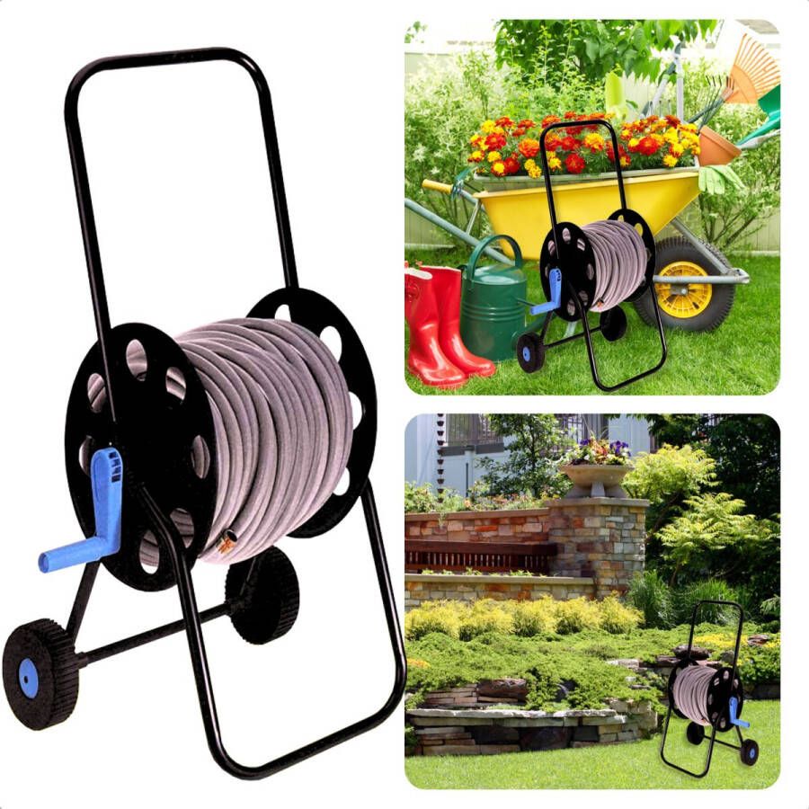 Cheqo Slangenwagen Tuinslanghaspel Tuinslanghouder Trolley Tuinslangenwagen Voor 40m Tuinslang Geïntegreerde Aansluiting 19mm 45x45x85cm Blauw Zwart