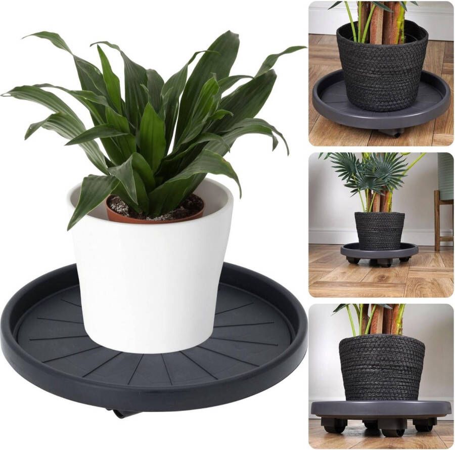 Cheqo Sterke Plantentrolley Ø30 cm 50 kg Draagvermogen Met Zwenkwielen en Rem Plantenroller Planten Trolley op Wieltjes Plantenonderzetter Kunststof Zwart Sfeervol Design