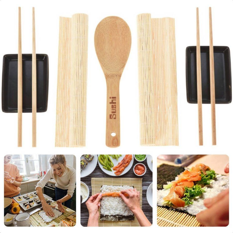 Cheqo Sushi Set 7 delig Bamboe + Keramiek voor 2 personen 2x bordjes (10x8cm) 1x sushilepel 2x placemats 2x eetstokjes Servies Stokjes Voor de Echte Sushi Lover Hoge Kwaliteit