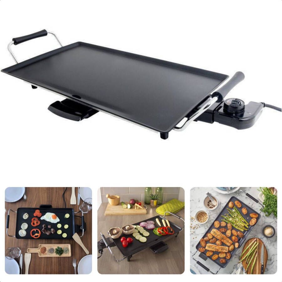 Cheqo Tafelgrill Grillplaat Bakplaat Teppan Yaki Teppanyaki Gourmetten 47cm Anti-aanbaklaag Met Lekbak & Thermostaat 2000W