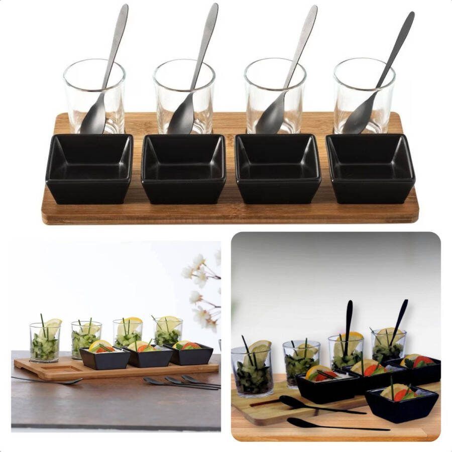 Cheqo Tapas Serveerset Bamboe Serveerplank met Schaaltjes en Lepeltjes 13-Delig Set voor Tapas Serveren Borrelplank 30x15 cm Glaasjes Inbegrepen