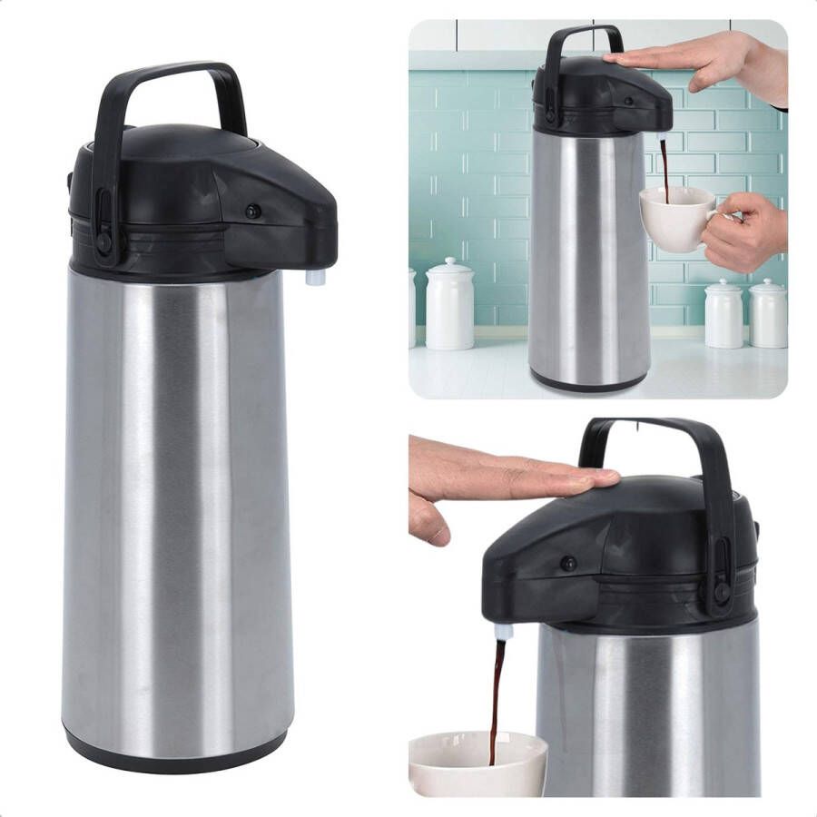 Cheqo Thermos Pomp 1.8L Roestvrij Staal Isoleerkan met Pomp Thermoskan met Pomp Zwarte Dop & Handvat Houdt 6 Uur Warm 1800ml Afmeting 17x14x36cm