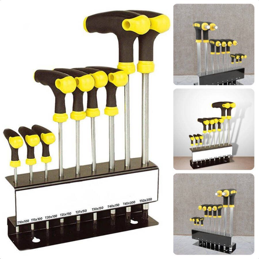 Cheqo Torx T-Grepenset 2-Componenten Grepen Extra Geharde Magnetische Kop Mat Verchroomd Vanadium Staal Inclusief Metalen Rek Handgereedschap Schroevendraaierset Gereedschapset