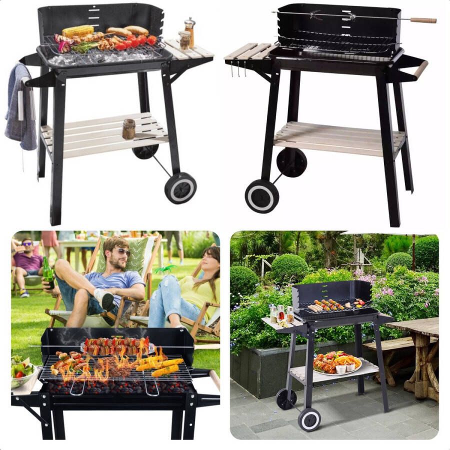 Cheqo Verrijdbare Barbecue BBQ Houtskoolbarbecue met Wielen en Zijtafel Buitenkeuken 83x45cm