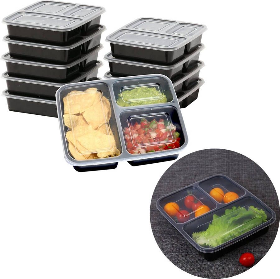 Cheqo Vershoudbakjes Herbruikbaar Meal Prep Bakjes Diepvriesbakjes Lunchbox Vershouddoos Plastic Bakjes Magnetron Bakjes Voedselcontainer 10 Stuks met 3 Compartimenten