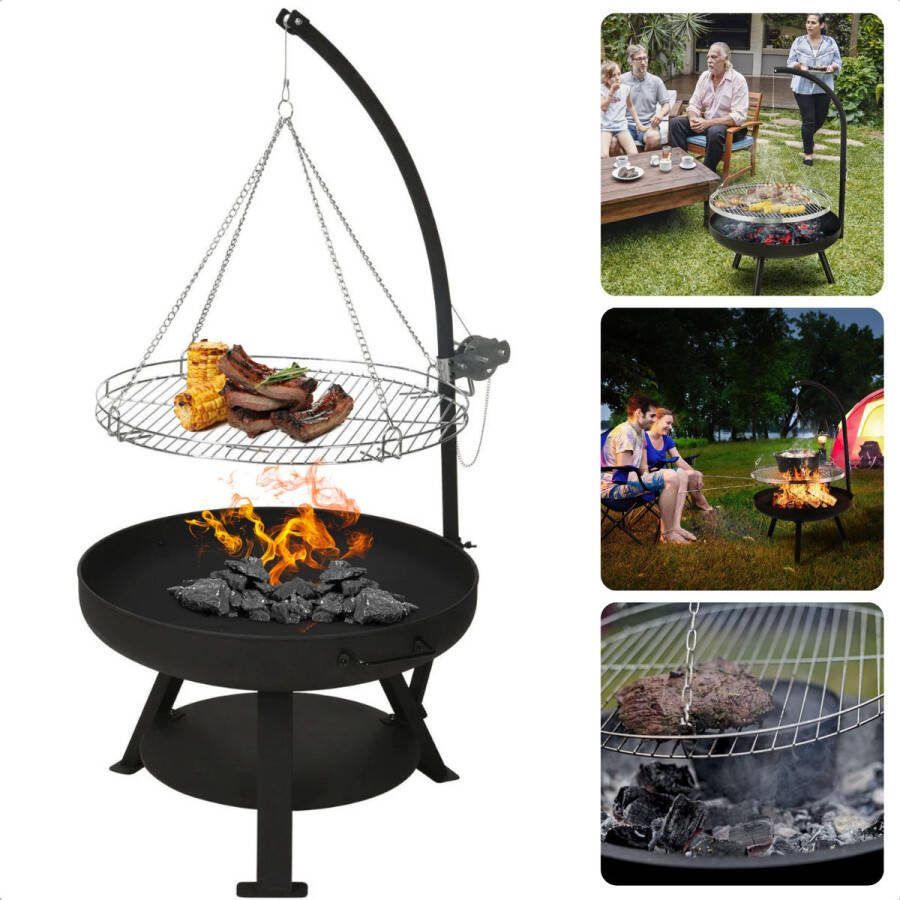Cheqo Verstelbare Barbecue BBQ Houtskool Barbecue Metalen Vuurschaal Buitenhaard Verstelbare Kookhoogte Tuinhaard met BBQ
