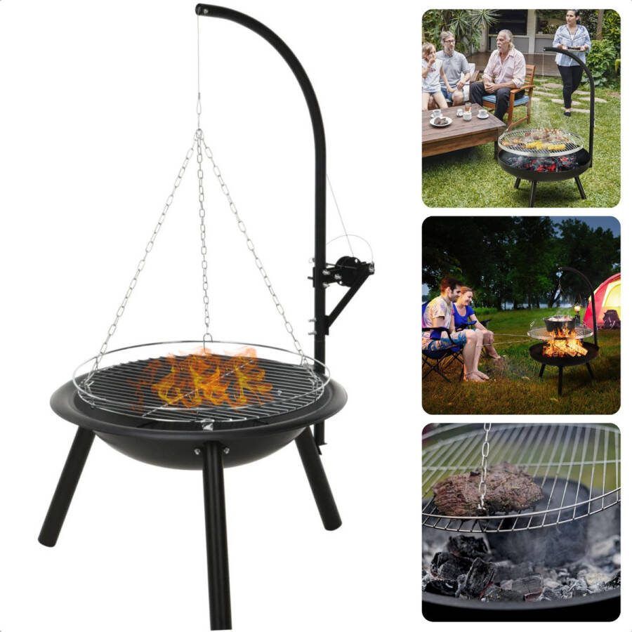 Cheqo Verstelbare Barbecue Met Grillrooster en Ketting Ø55Cm Hoogte 100Cm BBQ Vuurschaal Houtskool BBQ