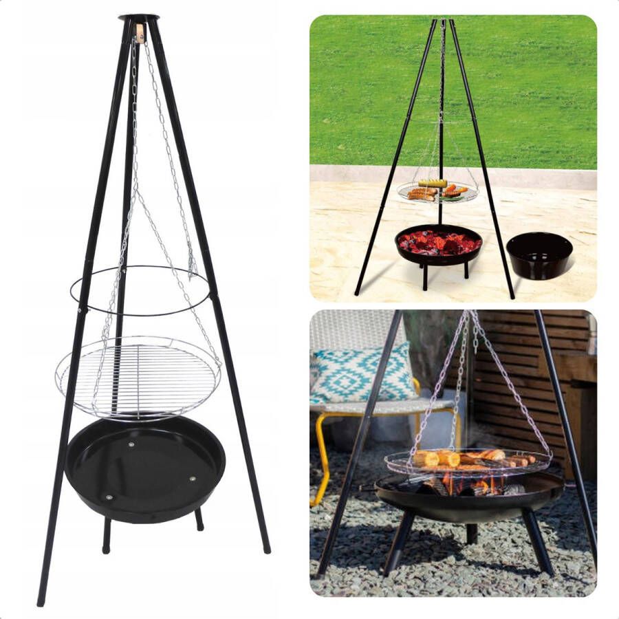 Cheqo Vuurschaal Hangend met Grilrooster Driepoot Model Staal 52cm Diameter Grillplaat 151cm Hoogte Met Ketting & Grillplaat