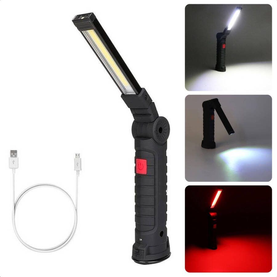 Cheqo Werk & Inspectie LED Lamp Looplamp Werklamp USB Oplaadbaar Zwarte Behuizing 1 5 Ah Li-ion 3W 190 Lumens COB LED 360° Draaibaar Magneet & Ophanghaak Antislip Spatwaterdicht