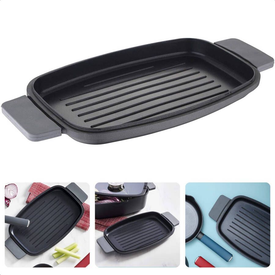 Cheqo XL Grillpan 42 4 x 22 x 3 cm Gegoten Aluminium Soft-Touch Handvaten Krasbestendig PFOA-vrij Barbecue BBQ Ovenbestendig Voor Alle Warmtebronnen Veilig Gemakkelijk Schoon Te Maken Gelijkmatige Warmteverdeling