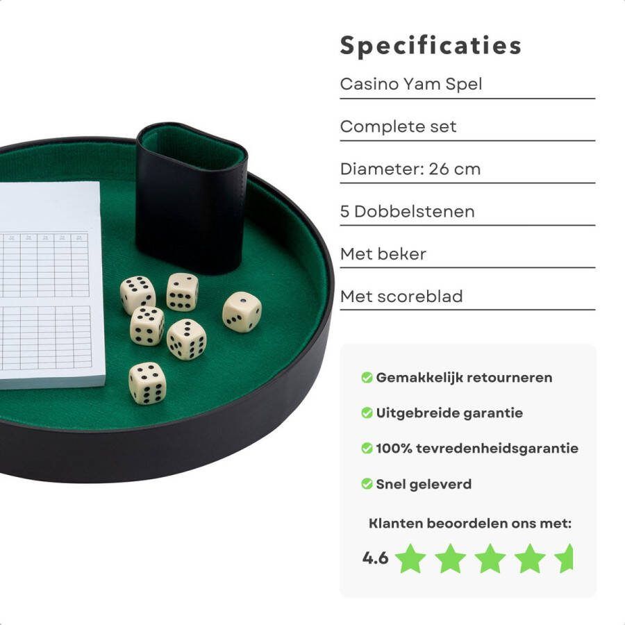 Cheqo Yahtzee Spel Set met Dobbelstenen Dobbelbak Yam Spel Inclusief Scoreblad en Accessoires Dobbelsteenbak Dobbelset met Scoreblok
