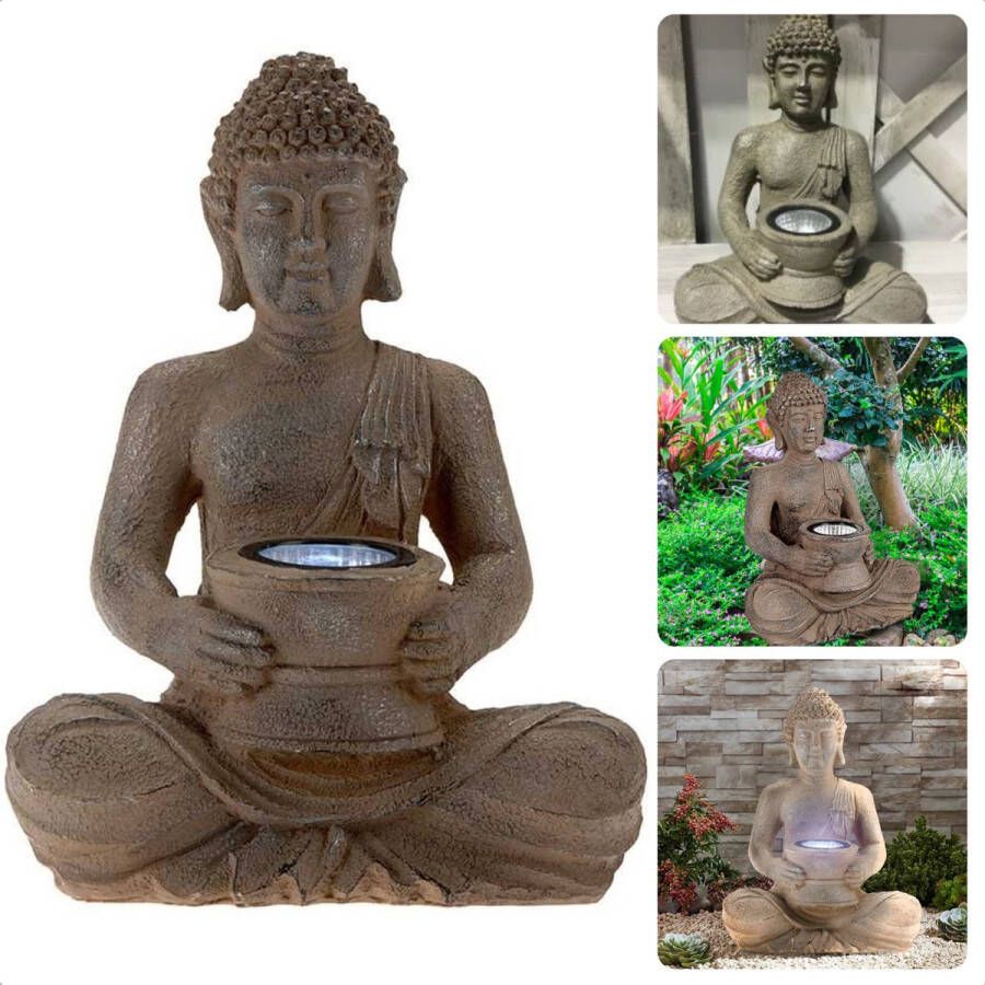 Cheqo Zittende Boeddha Beeld 28cm Boeddhabeeld Buddha Beeld Solar Tuinbeeld Polystone LED-lamp Aan Uit Functie