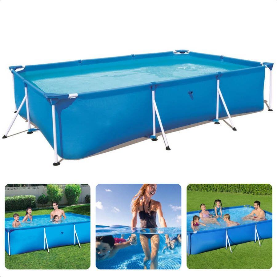 Cheqo Zwembad Opzetbad Opzetzwembad Eenvoudig Opzetbaar Familiebad 300x201x66cm Drielaagse Zijwanden Ingebouwde Flow-Control Afvoerklep Verstevigd Vinyl Metalen Frame 3300L Watercapaciteit